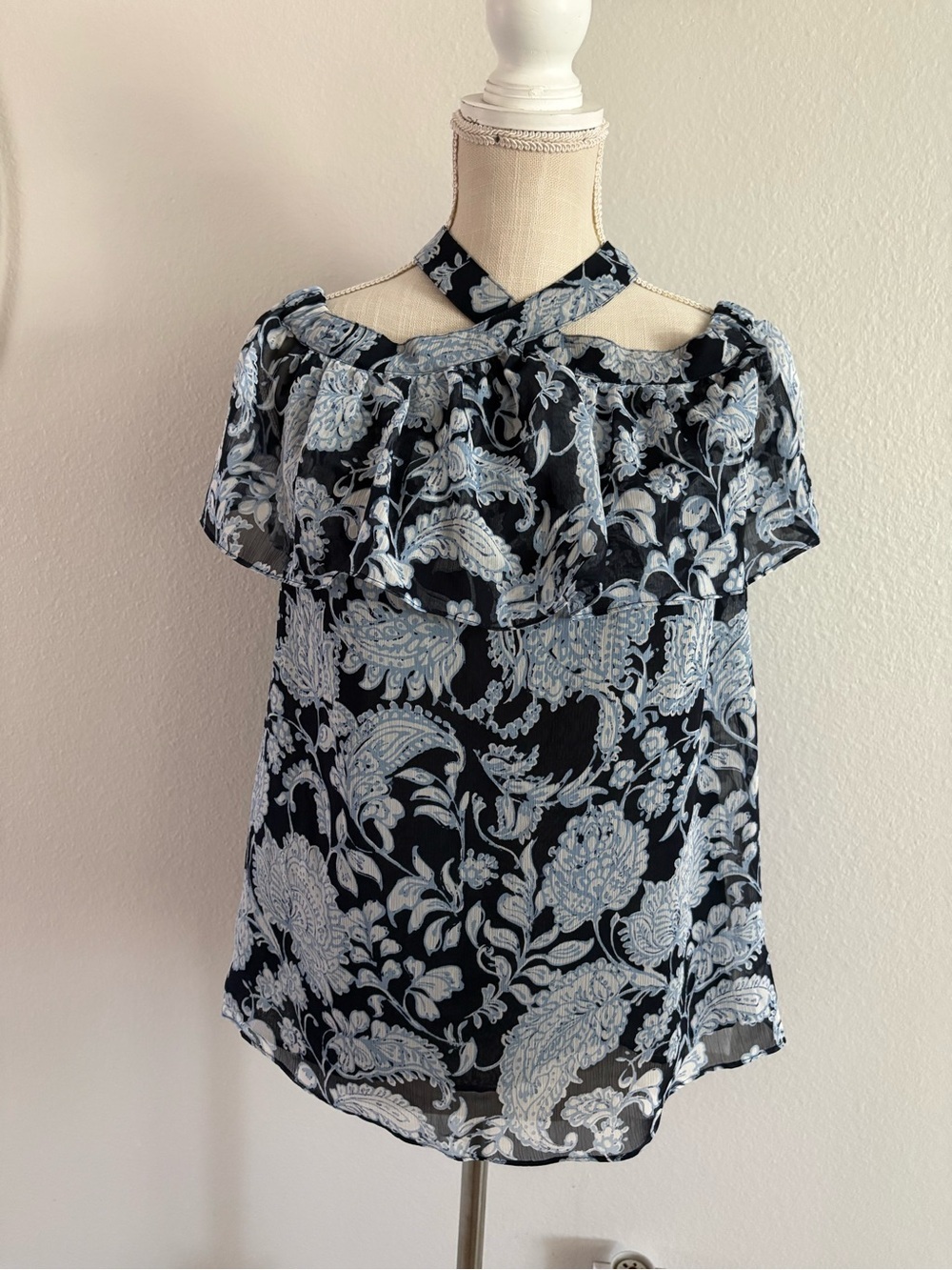 Tommy Hilfiger Navy Floral Cold-Shoulder Blouse with Light Blue Print